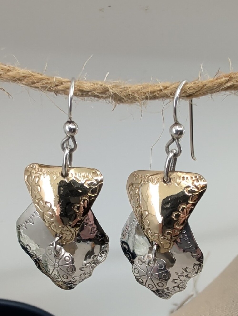 Vintage Hand-Hammered 925 Sterling Two-Tone Shield Dangle Earrings